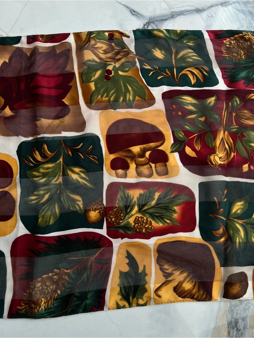 Autumn Fall Leaves Themed Sheer Scarf in Red, Green & Gold with Mushrooms